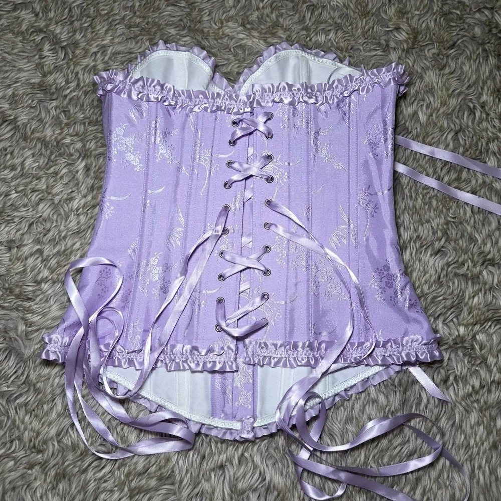 Lavender Satin Corset Top Lace Up Boned Bustier Floral Brocade Strapless Women S